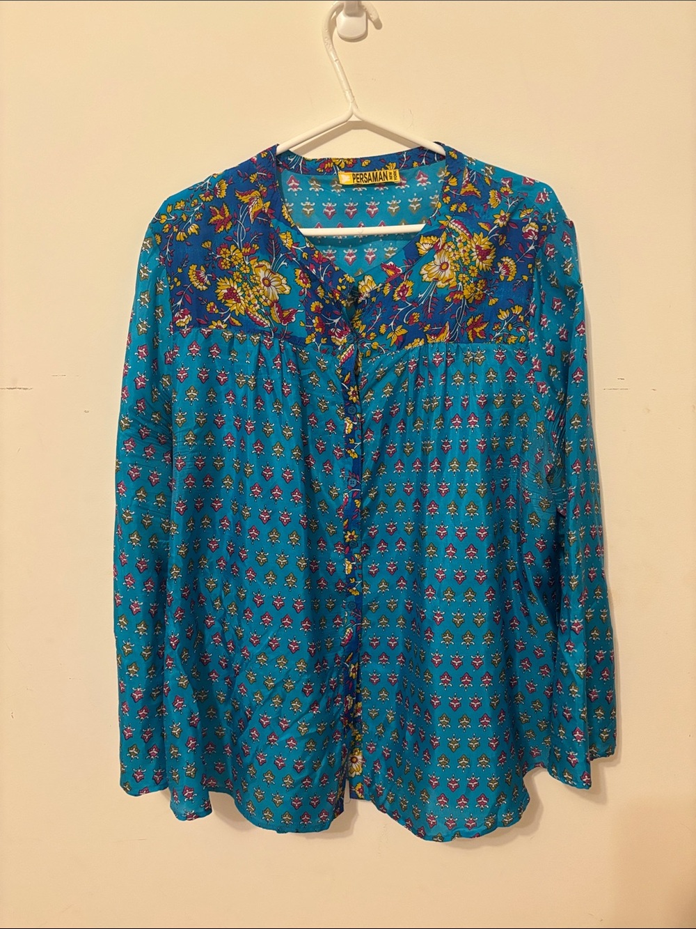 Persaman New York Teal Floral Yoke Button-Front Blouse